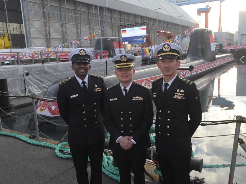 From left: Military Expert 2 Navinraj Chandra Segran, Lieutenant Colonel Phang Chun Chieh and Military Expert 3 Marcus Chua at the launch of two Republic of Singapore Navy submarines in Kiel, Germany, on Dec 13, 2022.

