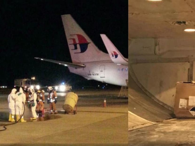 The acid leak on board a Malaysia Airlines aircraft at the Kota Kinabalu International Airport on Wednesday (Sept 13) originated from a box of wet cell batteries. Photo: Malay Mail Online