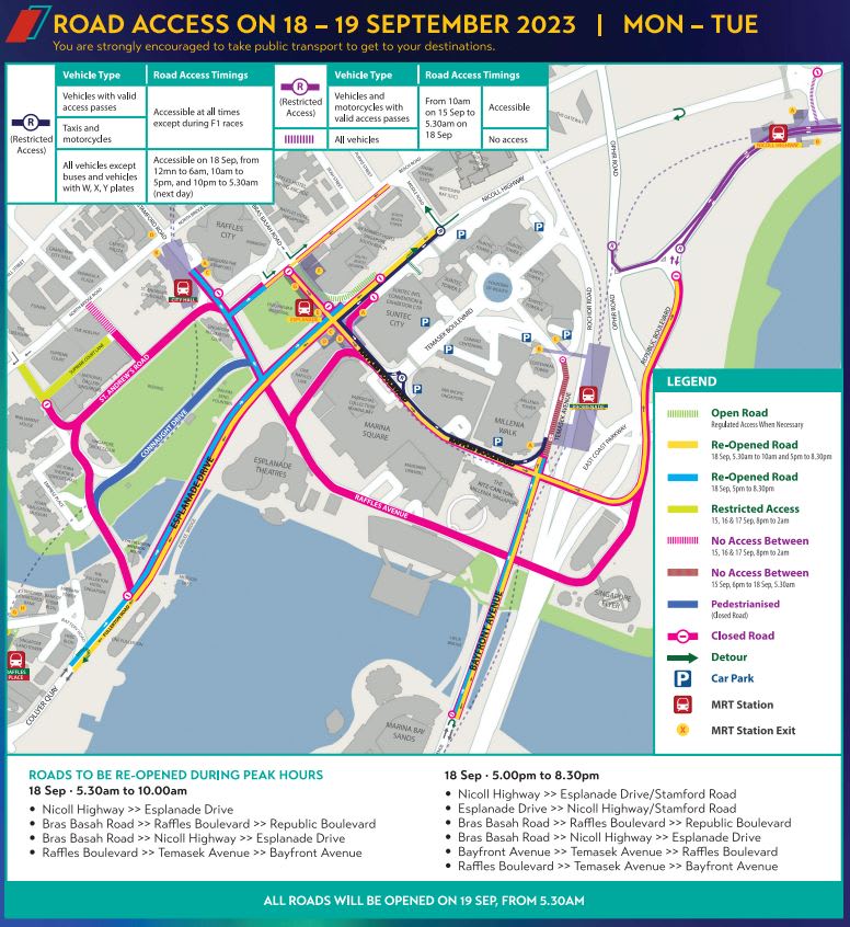 Road closures around Marina Centre, Padang area for F1 Singapore Grand