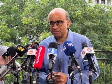 Senior Minister Tharman Shanmugaratnam speaking to the media at Taman Jurong Community Club on June 8, 2023 after he announced he was running for the Elected Presidency.