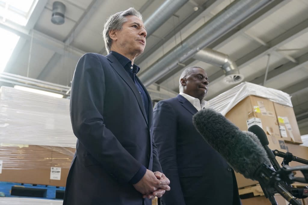 United States Secretary of Defense Lloyd Austin (right) and Secretary of State Antony Blinken speak with reporters after returning from their trip to Kyiv, Ukraine, and meeting with Ukrainian President Volodymyr Zelenskiy, on April 25, 2022, in Poland near the Ukraine border.