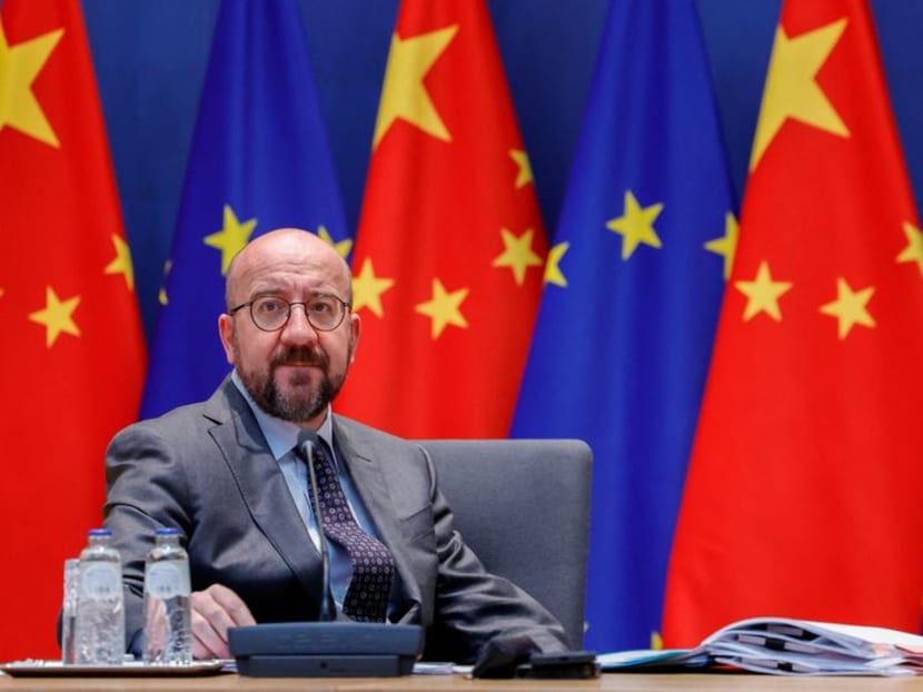 FILE PHOTO: European Council President Charles Michel speaks with European Union foreign policy chief Josep Borrell, European Commission President Ursula von der Leyen and the Chinese President Xi Jinping via video conference during an EU-China summit at the European Council building in Brussels, Belgium April 1, 2022. Olivier Matthys/Pool via REUTERS/File Photo