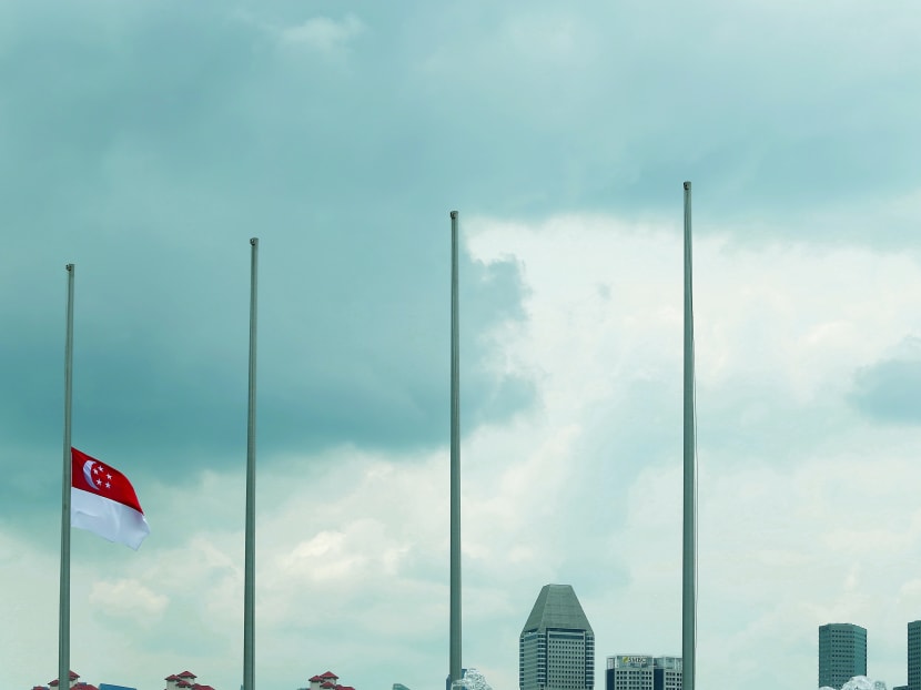 The Singapore flag flying at half-mast at Singapore Sports Hub during the week of National Mourning, as a mark of respect for Mr Lee Kuan Yew. Photo: Koh Mui Fong