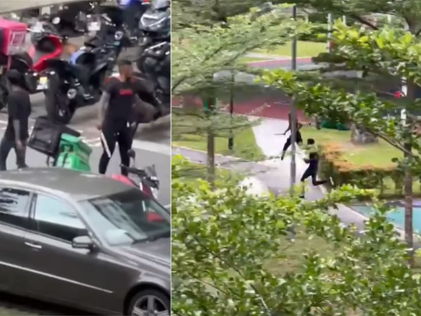 Screengrabs from videos showing the two men wielding weapons at the carpark (left) and running away with their weapons (right). 