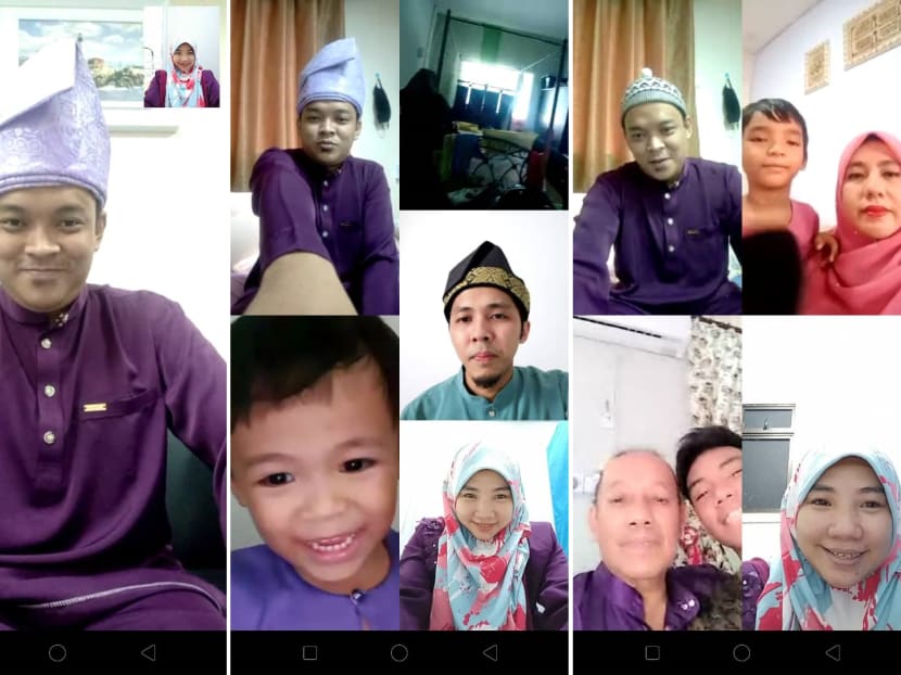 Ms Siti Fatimah Awang (bottom, far right) on a video call with her husband (far left), their two sons as well as other family members on Hari Raya Puasa on May 24, 2020.