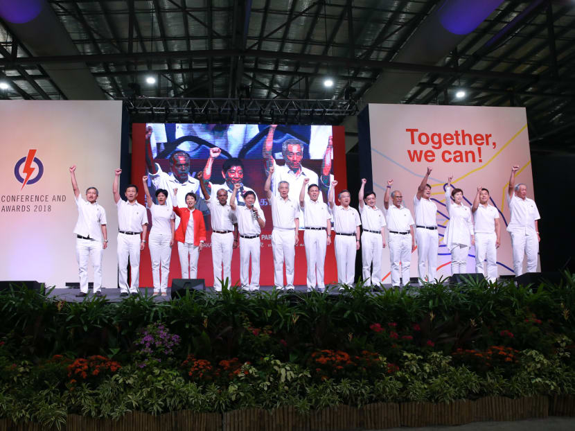 The PAP’s newly-elected Central Executive Committee are seen on the stage during the 2018 PAP Conference and Awards Ceremony at Singapore Expo, on Nov 11, 2018.