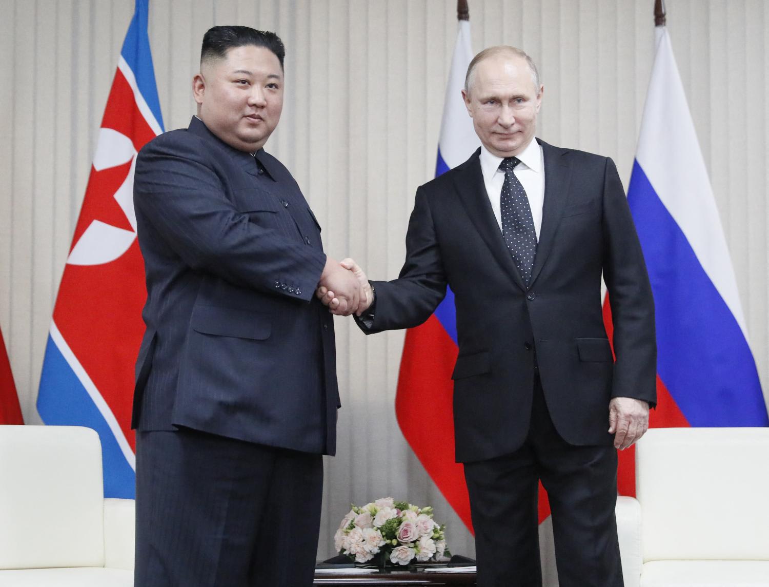 Russian President Vladimir Putin meets with North Korean leader Kim Jong Un at the Far Eastern Federal University campus on Russky island on April 25, 2019. Russian President Vladimir Putin meets with North Korean leader Kim Jong Un at the Far Eastern Federal University campus on Russky island on April 25, 2019.