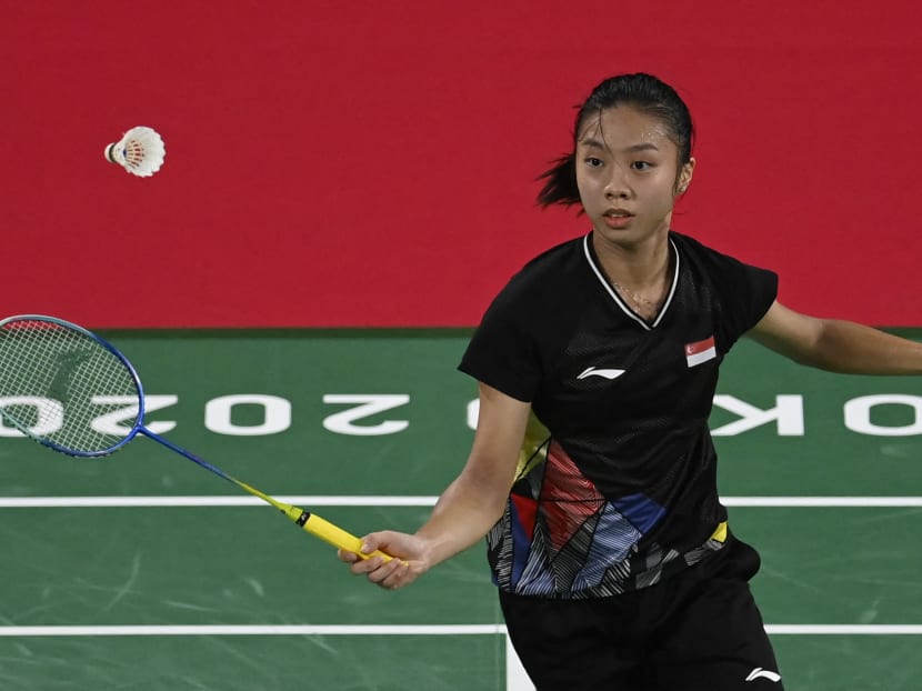 Singapore's Yeo Jia Min hits a shot to South Korea's Kim Ga-eun in their women's singles badminton group stage match during the Tokyo 2020 Olympic Games at the Musashino Forest Sports Plaza in Tokyo, Japan on July 28, 2021.