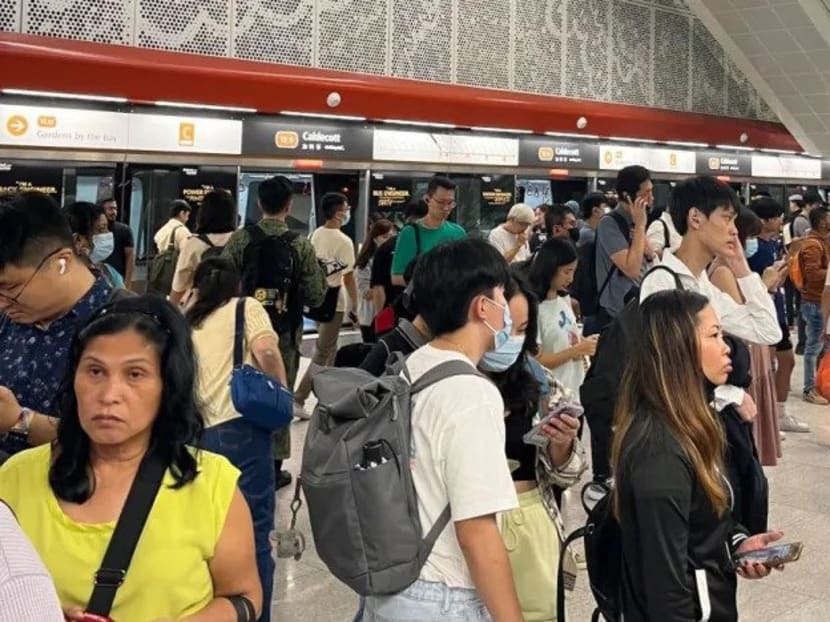 Commuters at Caldecott station on the Thomson-East Coast Line (TEL) during a train delay on March 7, 2023.