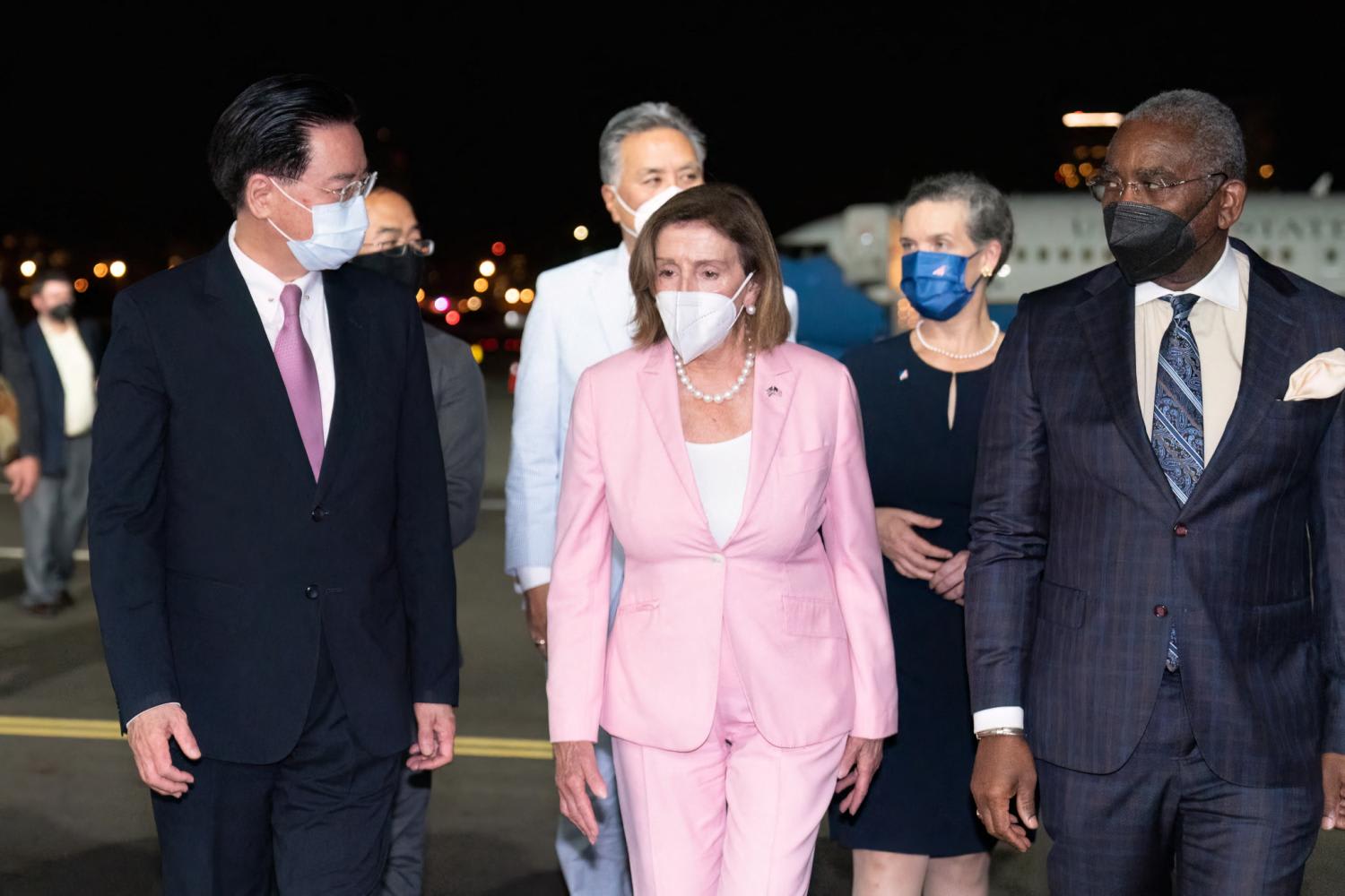 Handout picture by Taiwan’s Ministry of Foreign Affairs (MOFA) on Aug 2, 2022 shows Speaker of the US House of Representatives Nancy Pelosi being welcomed upon her arrival at Sungshan Airport in Taipei.