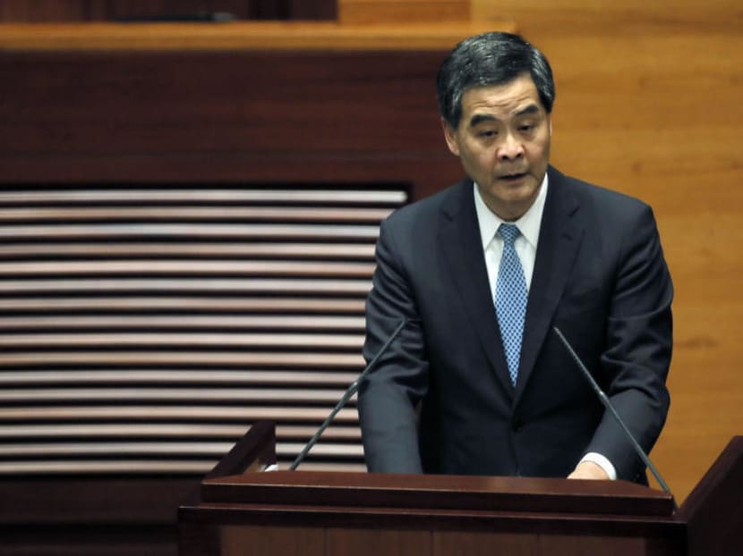 Hong Kong Chief Executive Leung Chun-ying gives his annual policy address at the Legislative Council in Hong Kong, Jan 14, 2015. In his annual policy address outlining the government’s priorities for 2015, Leung also warned the city would “degenerate into anarchy” if democratic development did not follow the rule of law. Photo: AP