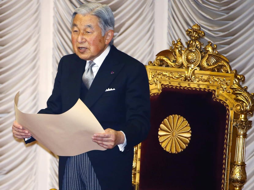 Japan's Emperor Akihito reads a statement to formally open the ordinary diet session at the upper house of parliament. AP file photo