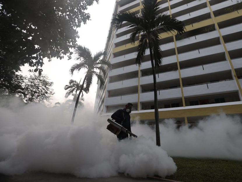 NEA teams seen conducting thermal fogging operations and drain inspections in the Aljunied Crescent area on Aug 28, 2016. Photo: Jason Quah/TODAY