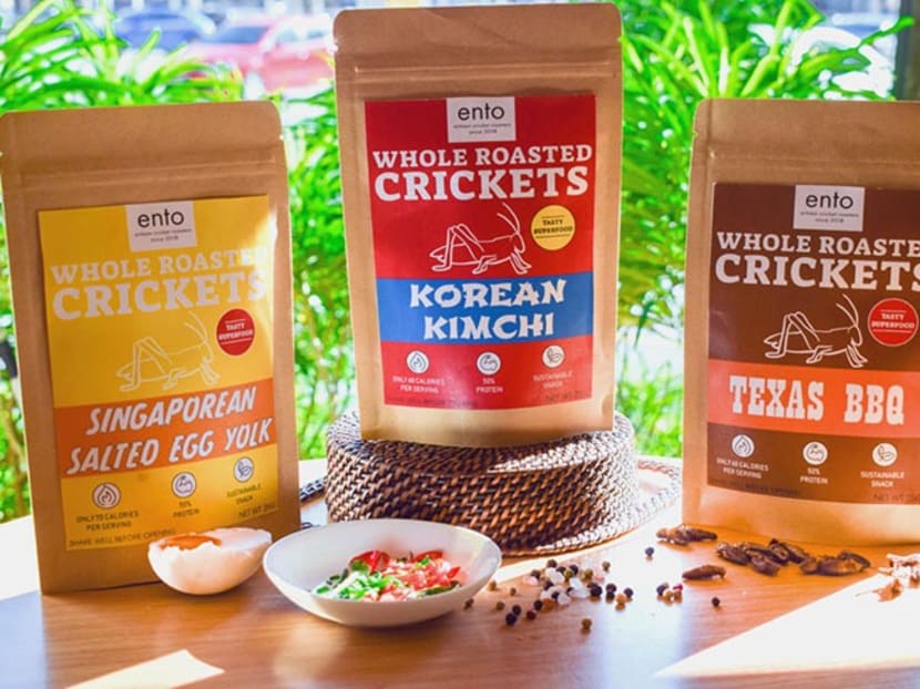 Ento’s whole roasted crickets are available in three flavours: Korean Kimchi, Texas BBQ and Singaporean Salted Egg Yolk.
