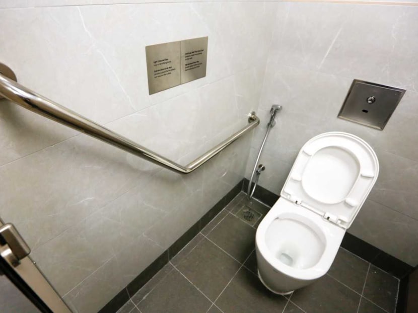 Grab bars in the new "model" public toilet in Bukit Panjang designed to make the toilet safer for the eldery.
