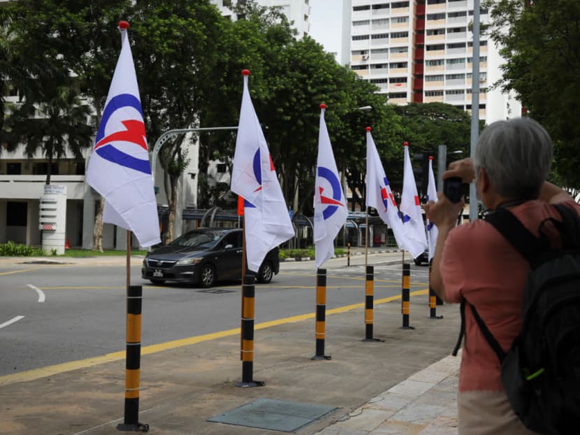 People's Action Party flags seen along Marine Terrace on June 27, 2020. A total of 11 flags were seen in the vicinity.