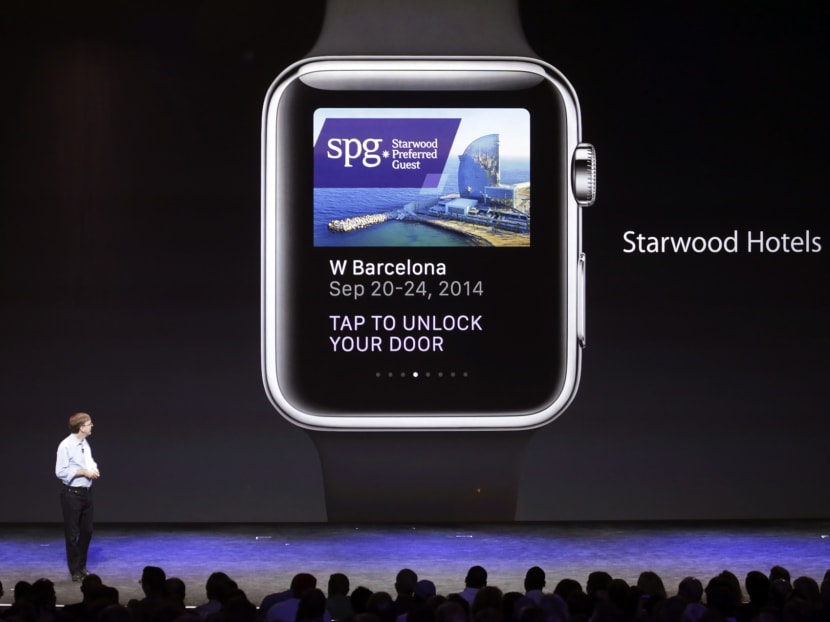 Mr Kevin Lynch, Apple’s vice-president of technology, introducing the Apple Watch to an audience in Cupertino on Tuesday. The smartwatch will be sold only in the United States and it will have to be paired with an iPhone to work. Photo: The New 
York Times