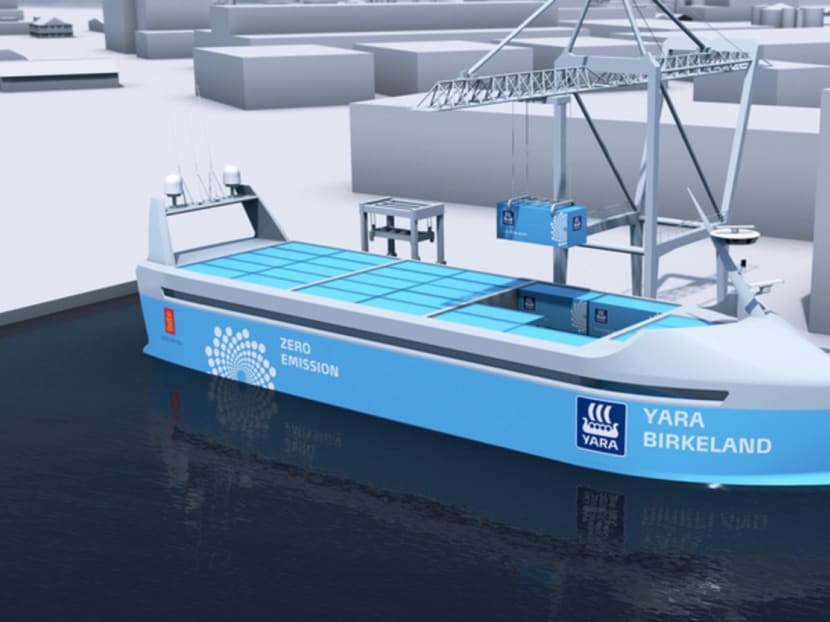 A computer simulation showing the Yara Birkeland, the world’s first fully electric and utonomous container ship. Although it can be operated remotely by a pilot, it will also be able to cruise on its own, using sensors, cameras and navigation tools. Photo: AFP