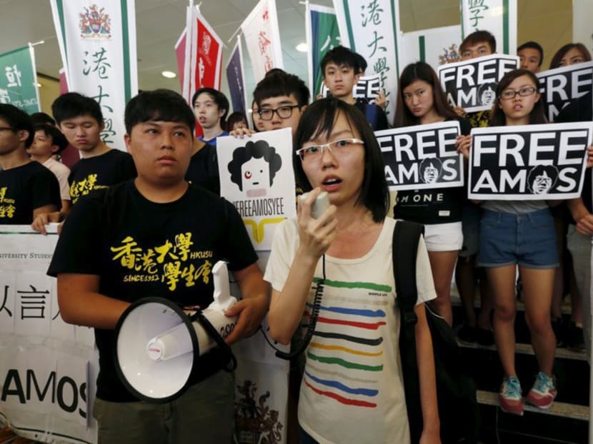 Singaporean activist Han Hui Hui speaking during a protest demanding the release of Amos Yee, at the Singapore Consulate in Hong Kong on June 30. Photo: Reuters