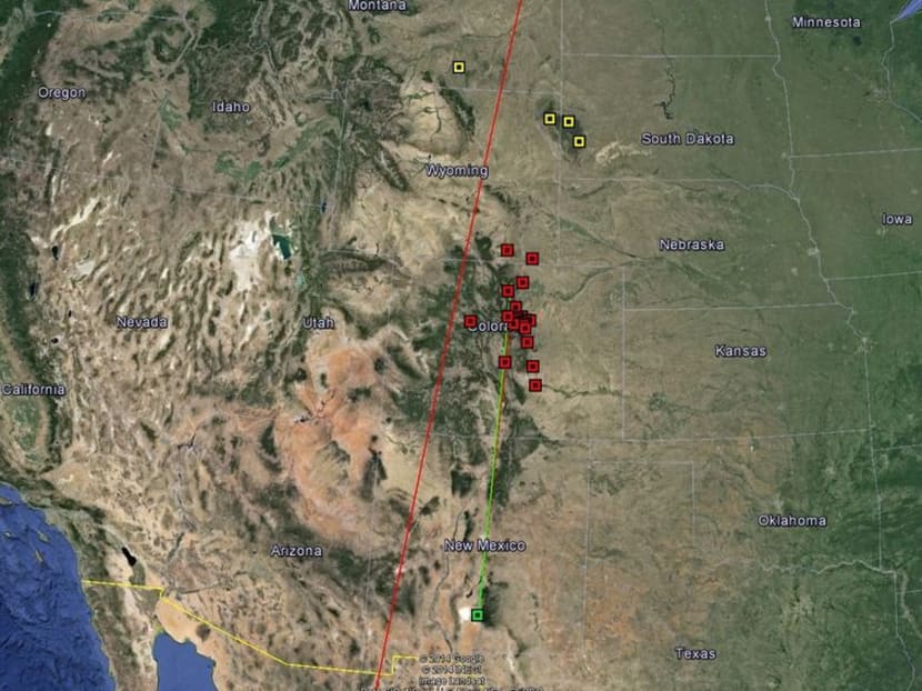 Reported observations of the Fireball from New Mexico, Colorado, Wyoming, South Dakota and Montana. Photo: Google Earth/American Meteor Society/Spaceflight