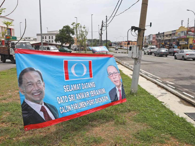 A by-election poster showing Anwar Ibrahim in Lukut, Port Dickson, on Monday (Sept 17).