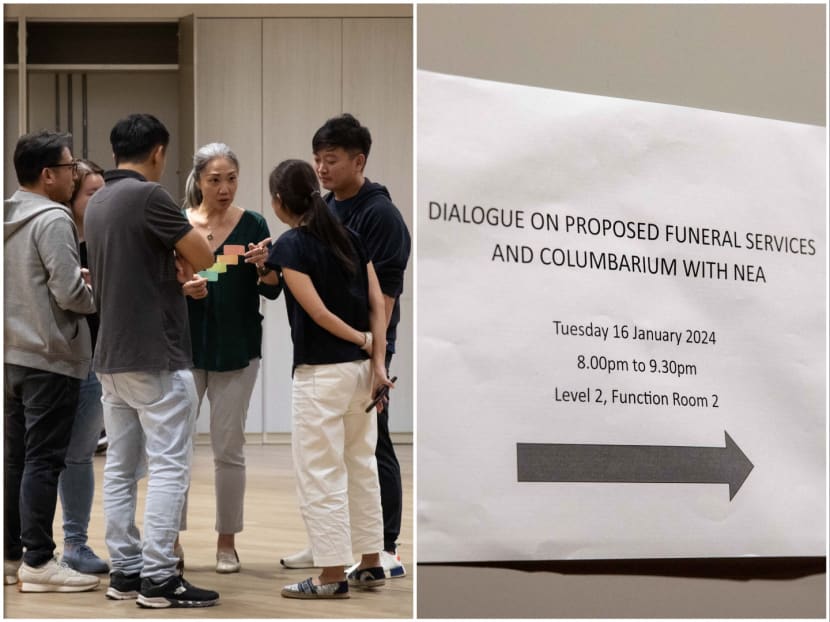 Member of Parliament Carrie Tan (third from right, left photo) talking to residents on Jan 16, 2024, at a dialogue with the National Environment Agency on a proposed funeral and columbarium complex in Mandai.