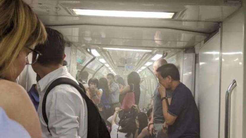 White smoke in train at Raffles Place MRT due to leaking air-conditioning compressor White smoke in train at Raffles Place MRT due to leaking air-conditioning compressor