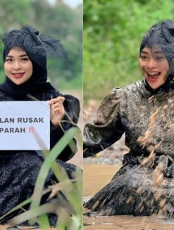 Ms Ummu Hani (pictured), 35, took to social media to share photos of herself sitting or lying down in mud-filled potholes on the roads in Merbau Mataram, a sub-district of South Lampung in Sumatra, Indonesia.