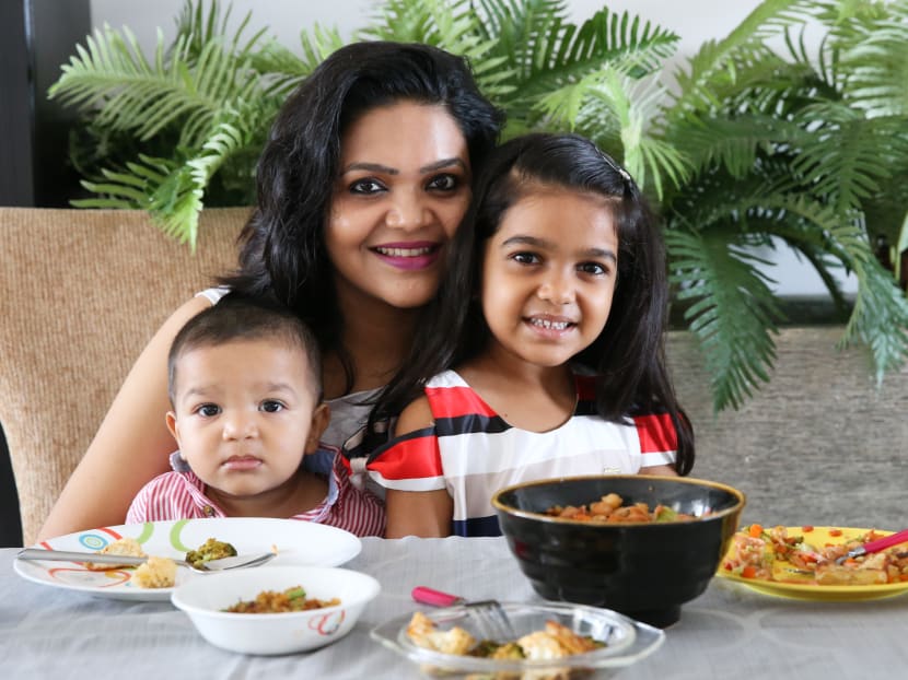 Ms Ambaree Majumder, 37, together with her children Ahaana and Aarish, who are all on vegan diets.