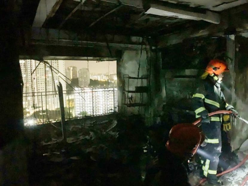 The scene inside a high-rise burnt out unit at The Peak housing estate in Toa Payoh on Aug 29, 2020.