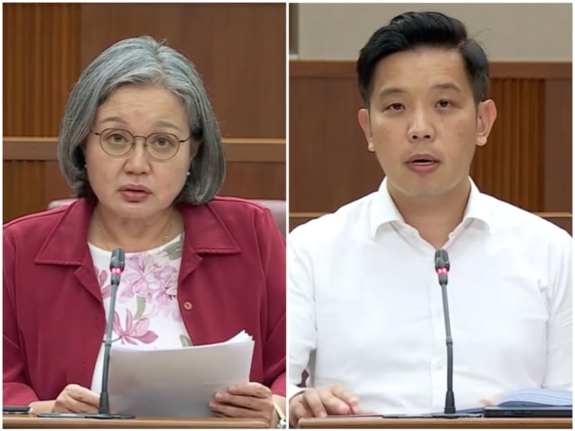 Workers' Party chairman Sylvia Lim (left) and Mr Alvin Tan, Minister of State for Trade and Industry, speaking in Parliament on Sept 18, 2023.