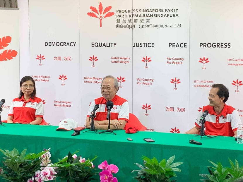 Progress Singapore Party members (from left) Hazel Poa, Tan Cheng Bock and Leong Mun Wai during a press conference at the party's headquarters on July 14, 2020.