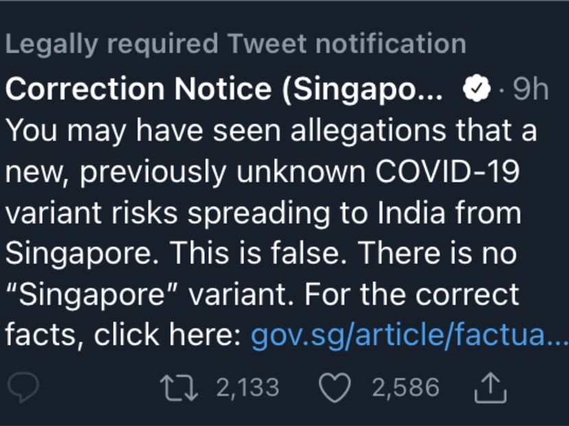 Pofma correction directions to be issued to Facebook, Twitter, SPH Magazines over 'Singapore' variant of Covid-19 falsehood Pofma correction directions to be issued to Facebook, Twitter, SPH Magazines over 'Singapore' variant of Covid-19 falsehood