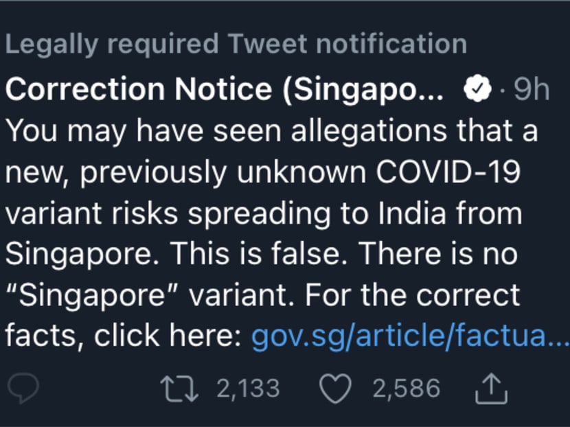 A correction notice on Twitter seen on May 20, 2021 about false allegations of a "Singapore variant" of Covid-19.