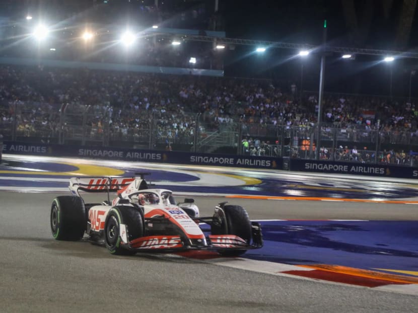 A Haas F1 car on the Marina Bay Street Circuit during the Singapore Grand Prix, Oct 2, 2022.