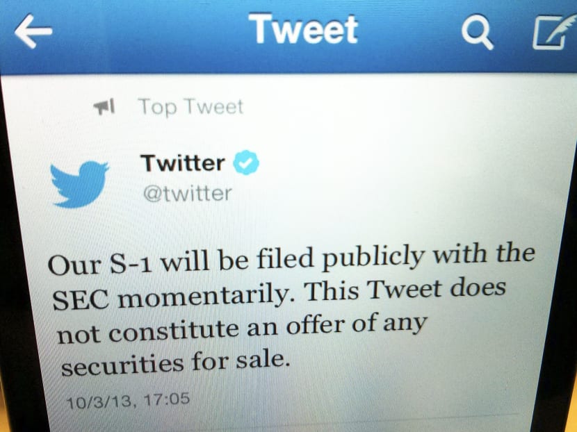 A tweet from Twitter announcing its IPO filing on Oct 3, 2013. Photo: Reuters