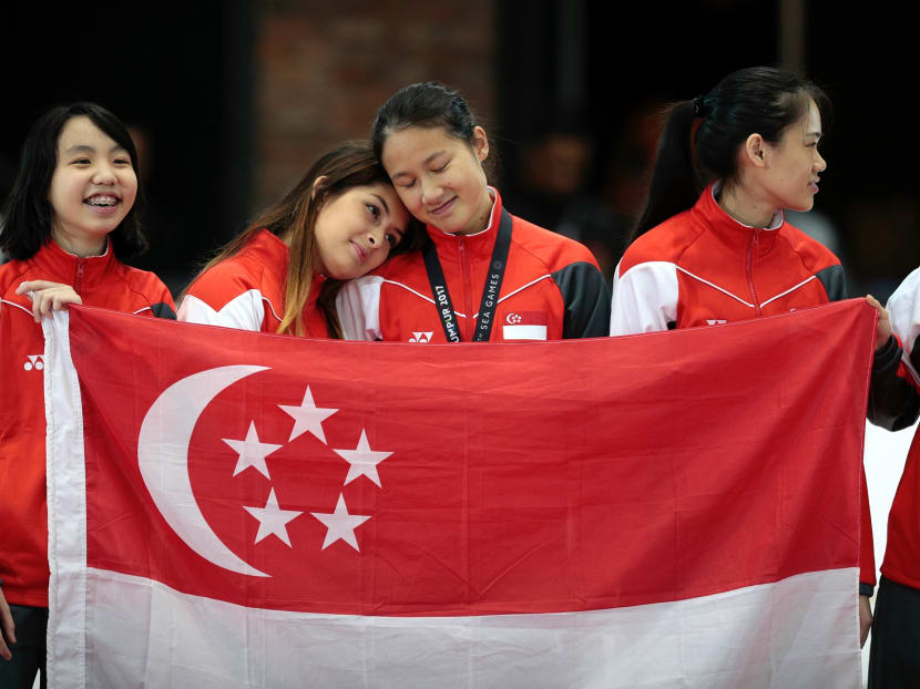 L-R: Victoria Chin, Deanna See, Cheyenne Goh, Suvian Chua, and Danielle Han at the victory ceremony for the SEA Games womens speed skating 3000m relay on 30 August, 2017. Photo: Jason Quah/TODAY