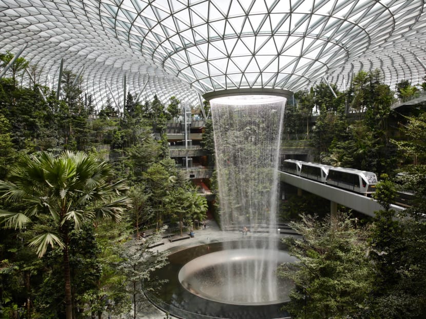 Jewel Changi Airport's rain vortex, which helps to provide cooling and airflow to the building's landscaped environment.