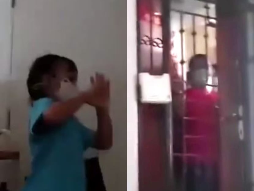 A combination photo of two screengrabs from videos posted online by a nurse of his neighbour (right), who allegedly insulted him and his family and sprayed disinfectant at his daughter (left).