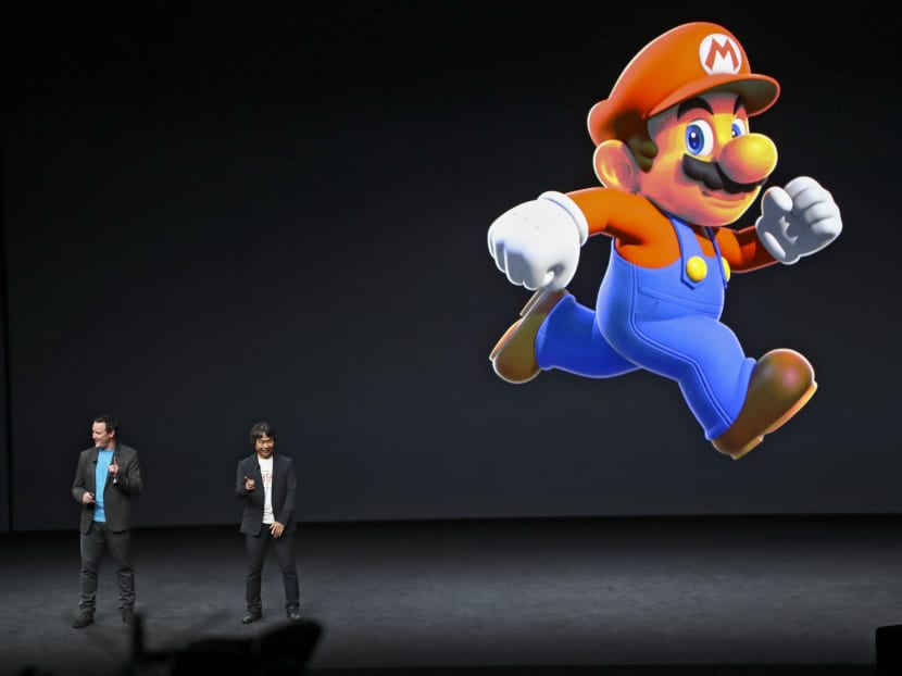 A Super Mario figure is projected during Apple's unveiling of new products, at the Bill Graham Civic Auditorium in San Francisco, on Sept 7, 2016 (Thursday, SGT). Photo: The New York Times