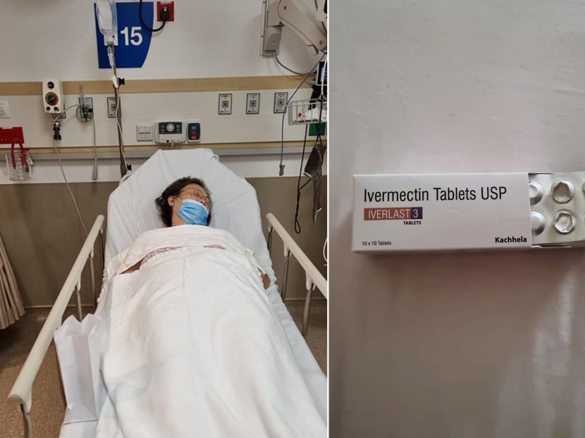 The mother of Ms Vanessa Koh Wan Ling was hospitalised (left). Ms Koh said her mother self-medicated with ivermectin (right) on the urging of her friends.