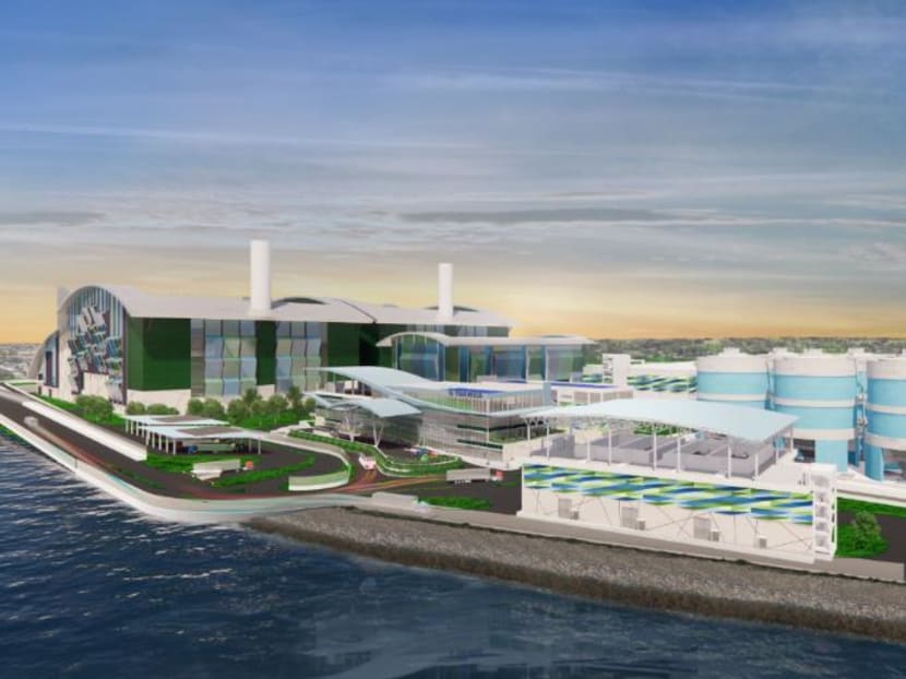 An artist's impression of Tuas Nexus showing the location of the Integrated Waste Management Facility (left) and the Tuas Water Reclamation Plant (right).