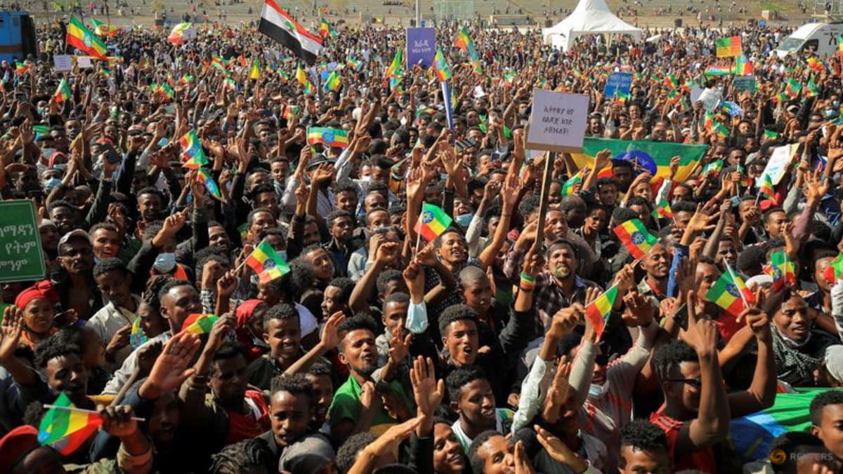 Pada rapat umum untuk mendukung kampanye militer, orang Etiopia mengecam AS