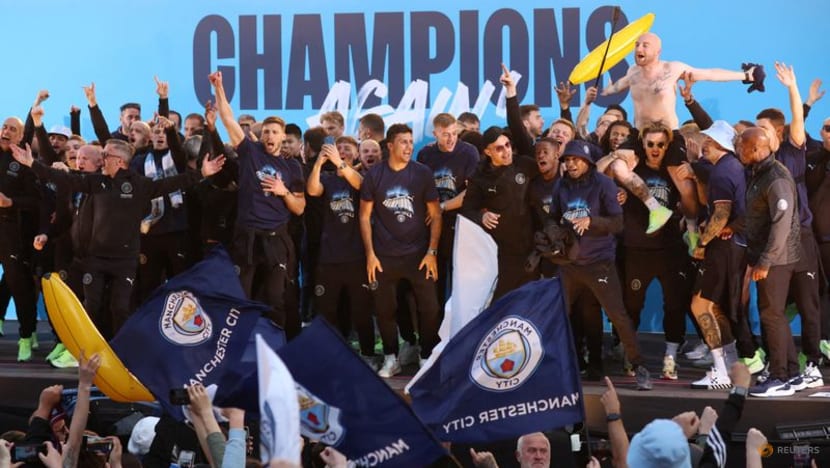 Champions Manchester City paint town blue with open top bus parade Champions Manchester City paint town blue with open top bus parade