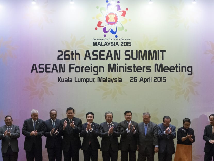 Foreign Ministers of the Association of Southeast Asian Nations pose for a group photo during the 26th ASEAN Summit Foreign Ministers Meeting at Kuala Lumpur Convention Centre in Kuala Lumpur, Malaysia on Sunday, April 26. Photo: AP