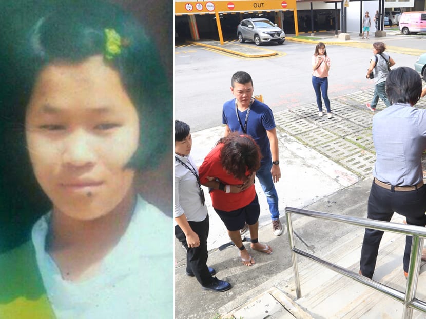 (Left) An old picture of Piang Ngaih Don. (Right) Prema S Naraynasamy and her daughter Gaiyathiri Murugayan, both in bodily restraints, being escorted separately to their Bishan flat by police investigators in August 2016.