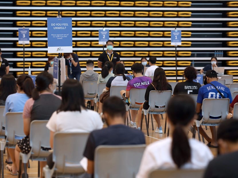 Students at a vaccination centre set up at the Institute of Technical Education College West in Chua Chu Kang on June 7, 2021.