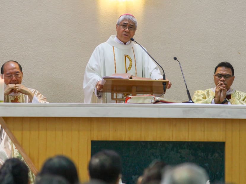 Archbishop William Goh (centre) addressing a congregation at Church of the Risen Christ in Toa Payoh in 2017.