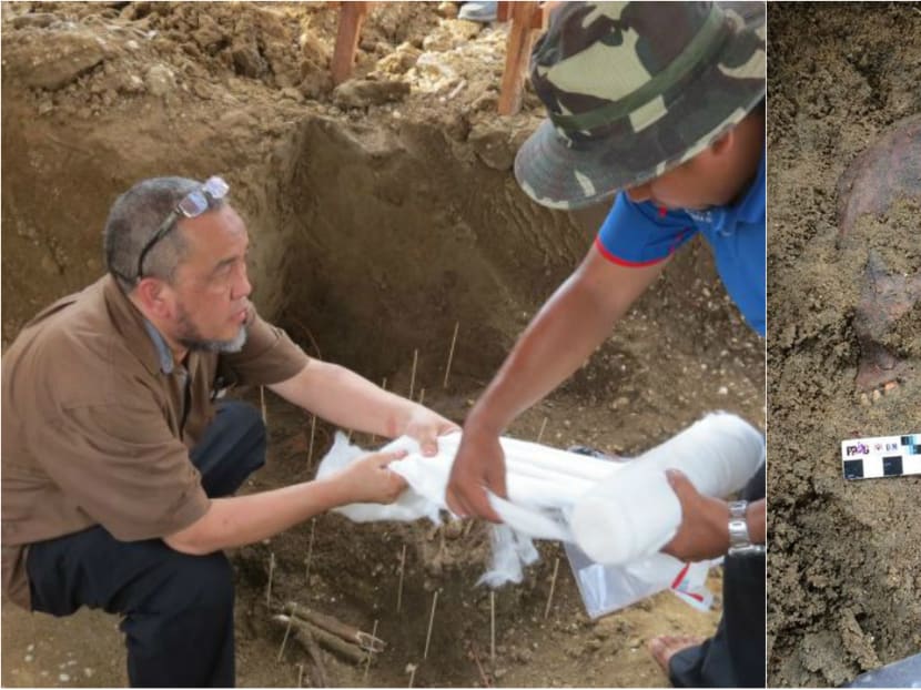 (Left) Archaeologist Prof Datuk Dr Mokhtar Saidin (in brown shirt) at the excavation site; (right) part of the skull that was unearthed. Photos: Malay Mail Online