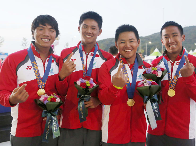 From left: Maximilian Soh, Russell Kan, Andrew Paul Chan and Justin Wong saw off hosts South Korea 2-0 to clinch gold.
Photo: SPORT SINGAPORE